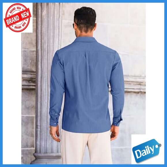 Men's Long Sleeve Button Down Shirt Wrinkle Free Business Casual Denim - Picture 5 of 8